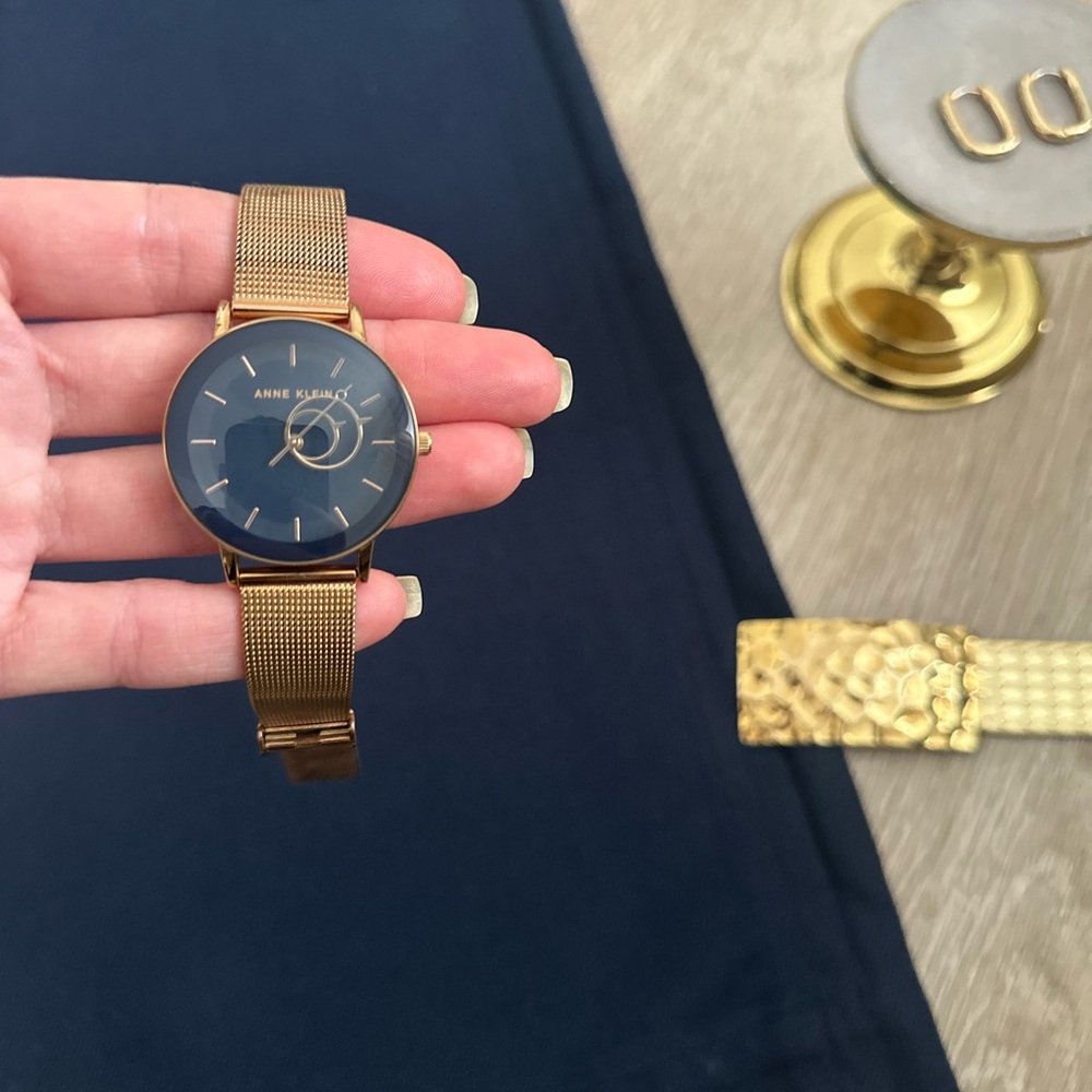 Anne Klein Women’s Gold Mesh Quartz Watch with Navy Blue Dial – Model AK/3430